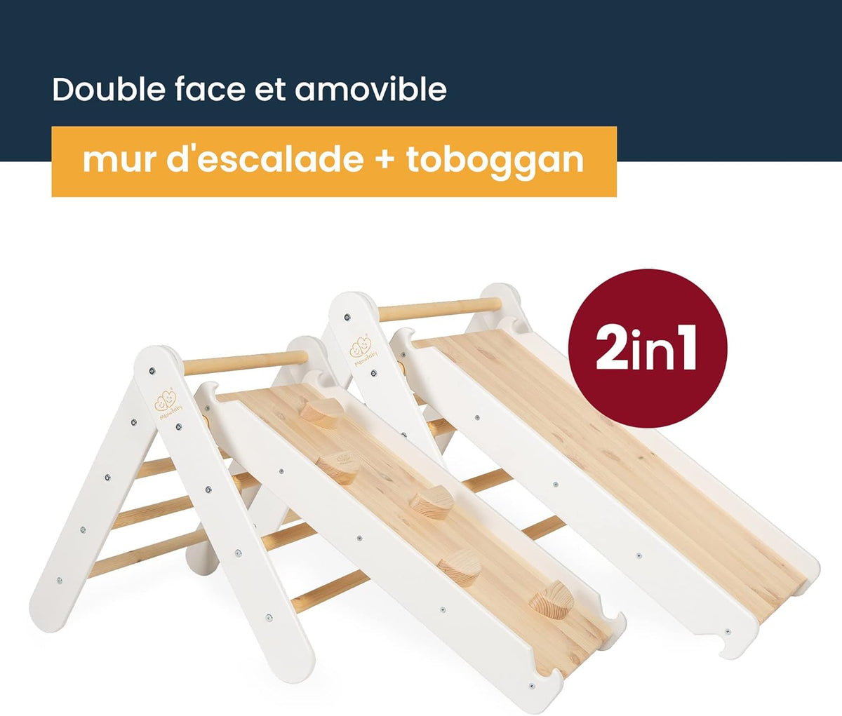 Échelle avec Toboggan et Mur d’Escalade Montessori 2en1 – Blanc MINYÖ